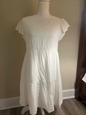 Women's White V-Neck Midi Dress with Flutter Sleeves